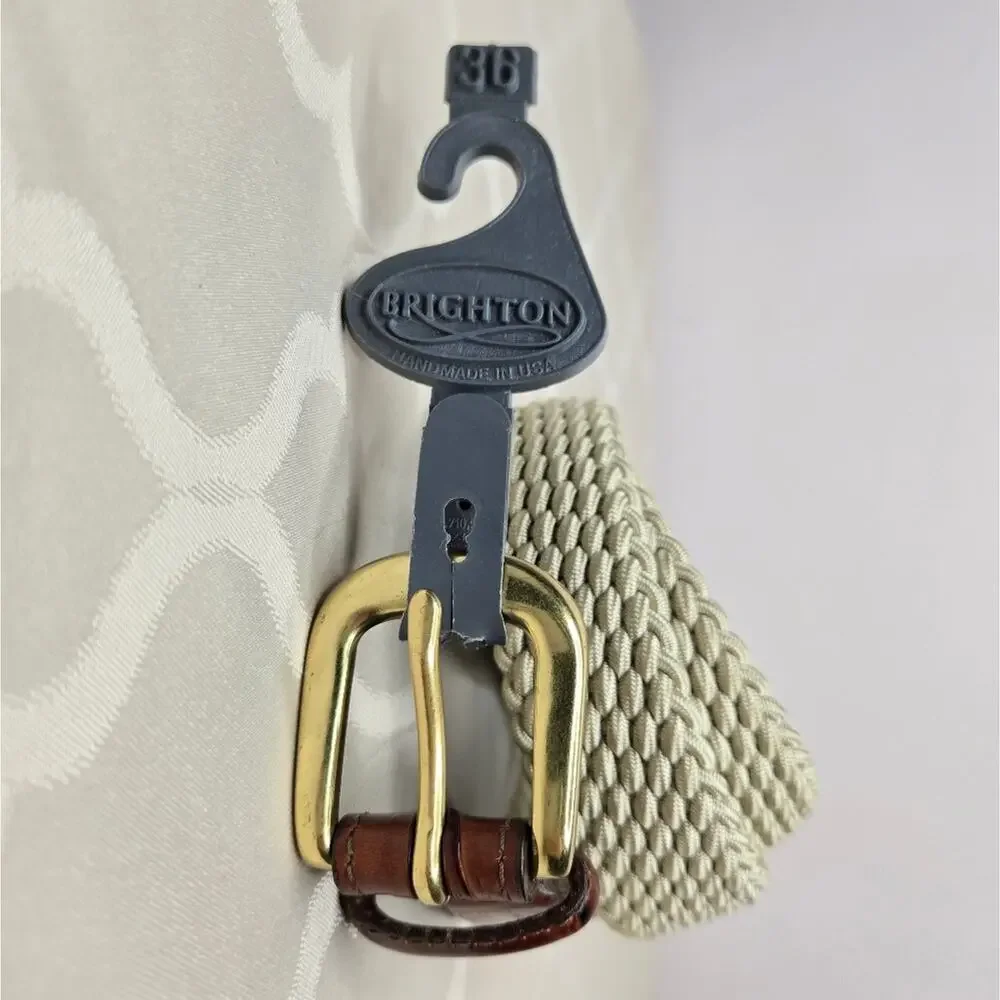 NWT Brighton Brown Leather and Beige Woven Belt with Gold Buckle Size 36